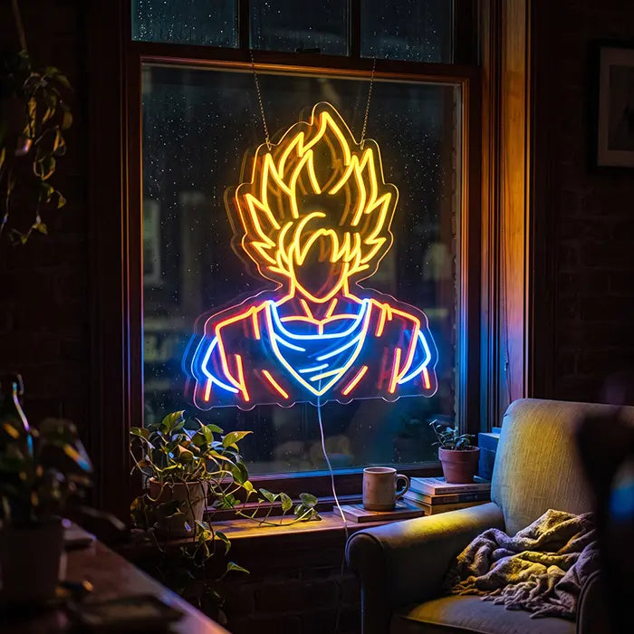 Super-Saiyajin Anime Hero Neon LED Schild in einem Fenster mit Pflanzen, davor ein Sessel mit Decke