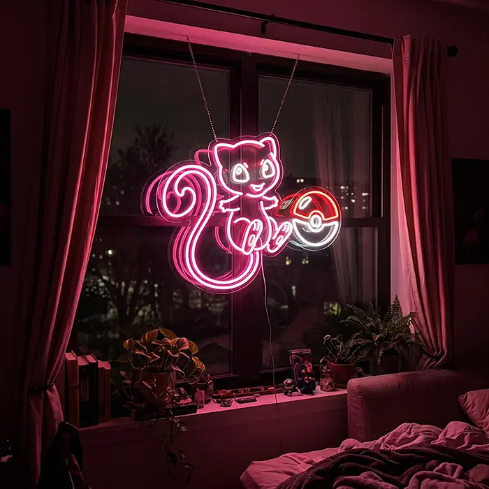Süßer Mew mit Pokéball Neon LED Schild – Dimmbar mit Fernbedienung | Pokémon Gaming Wanddeko