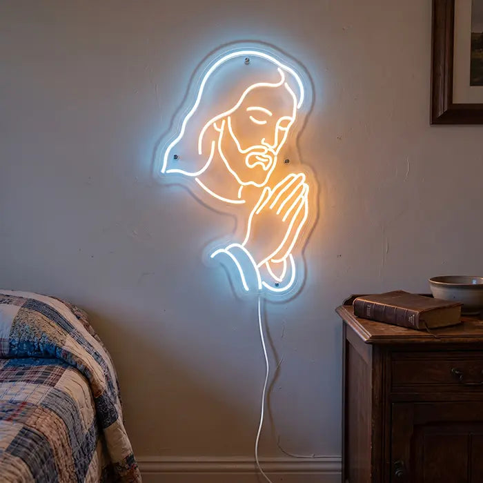 Bete mit Jesus Neon LED Schild – Dimmbar mit Fernbedienung | Christliche Wanddeko
