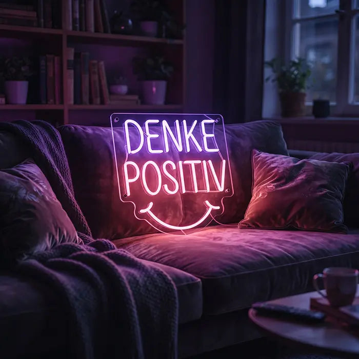 Denke Positiv Neon LED Schild steht auf einem Samtsofa mit Kissen vor einem Bücherregal im Wohnzimmer