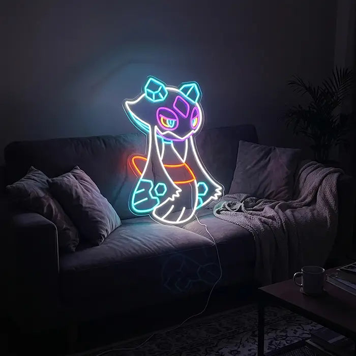 Pokémon Frosdedje Neon LED Schild über einem grauen Sofa mit Kissen und Decke