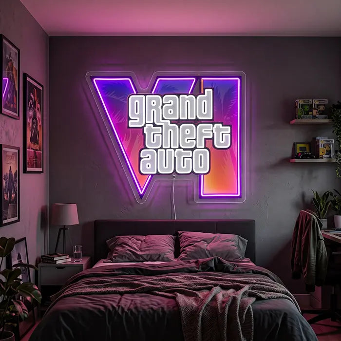 GTA VI Logo Neon LED Schild mit UV-Druck an der Schlafzimmerwand über dem Bett
