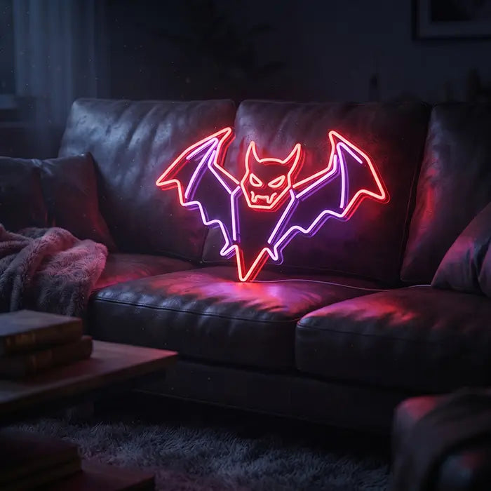 Blutsauger Fledermaus Neon LED Schild – Dimmbar mit Fernbedienung | Halloween Gothic Deko
