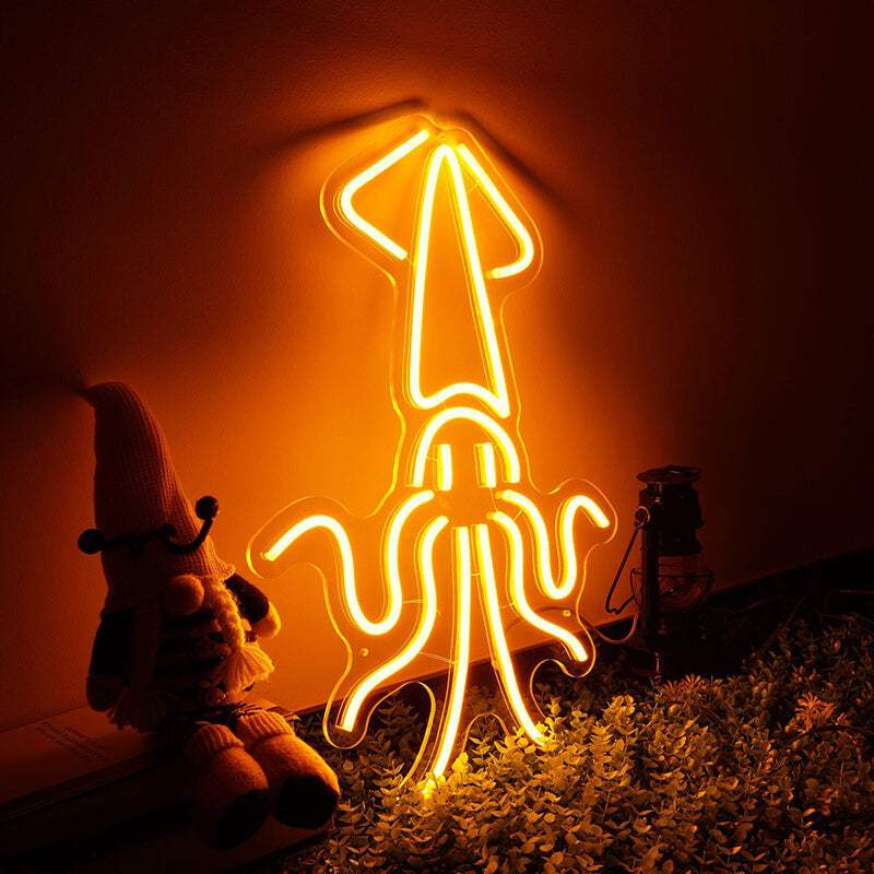 Goldener Tintenfisch Neon LED Schild auf 6mm Acrylplatte – Hafen Bar Wanddeko