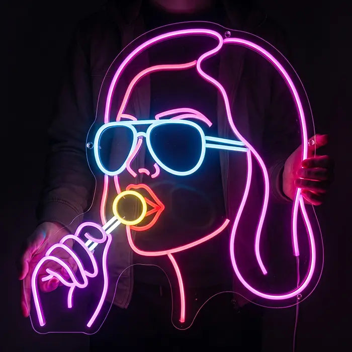 Girl mit Lollipop Neon LED Schild – Dimmbar mit Fernbedienung | Pop-Art Wanddeko