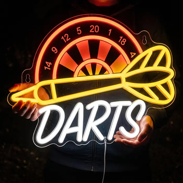 Darts Neon LED Schild mit UV-Druck von einem Mann vor dem Körper gehalten