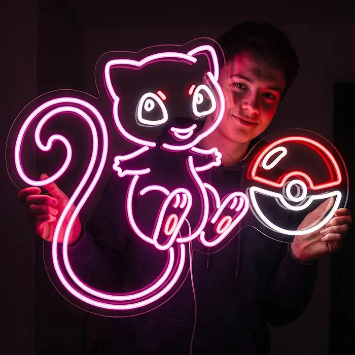 Süßer Mew mit Pokéball Neon LED Schild – Dimmbar mit Fernbedienung | Pokémon Gaming Wanddeko