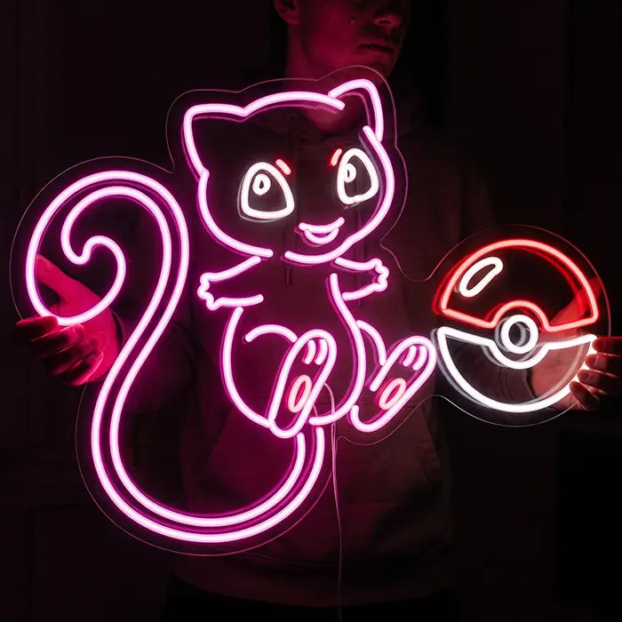 Süßer Mew mit Pokéball Neon LED Schild – Dimmbar mit Fernbedienung | Pokémon Gaming Wanddeko