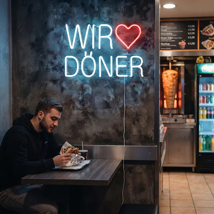 Wir lieben Döner Neon LED Schild an der Wand eines Dönerladens, darunter isst ein Gast am Tisch