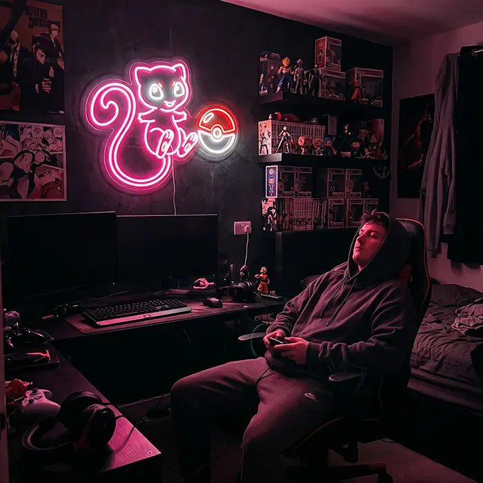 Süßer Mew mit Pokéball Neon LED Schild – Dimmbar mit Fernbedienung | Pokémon Gaming Wanddeko