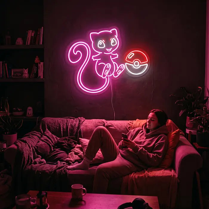 Süßer Mew mit Pokéball Neon LED Schild – Dimmbar mit Fernbedienung | Pokémon Gaming Wanddeko