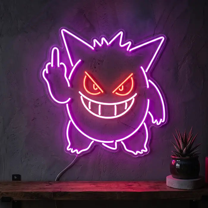 Gengar Mittelfinger Neon Pokémon LED Schild – USB Leuchtschild | Gamer Wanddeko