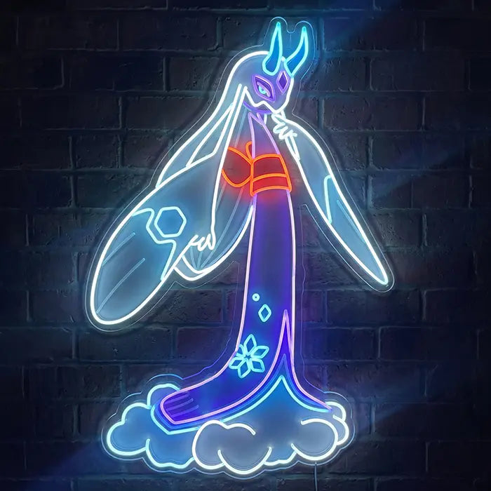 Pokémon Mega-Frosdedje Neon LED Schild Frontansicht an dunkler Backsteinwand, rote Schärpe und Blumenmuster leuchten