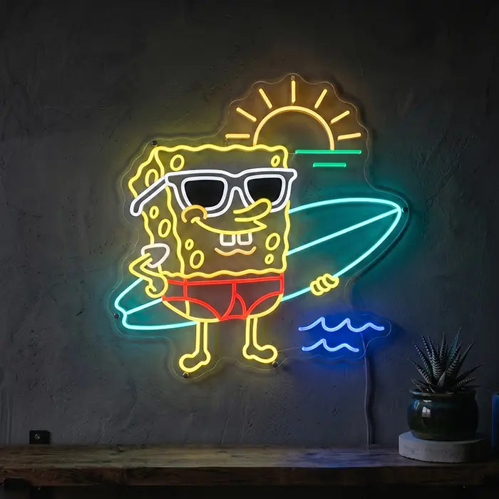 SpongeBob Surfer Neon LED Schild – SpongeBob mit Sonnenbrille, roter Badehose und Surfbrett
