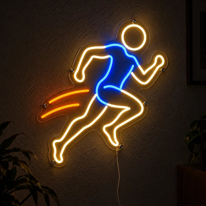 Abendläufer Neon LED Schild leuchtend an einer dunklen Wand, Nahaufnahme mit Anschlusskabel