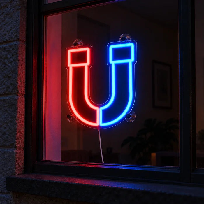 Anziehungskraft Neon LED Schild im Fenster, von der nächtlichen Straße aus gesehen