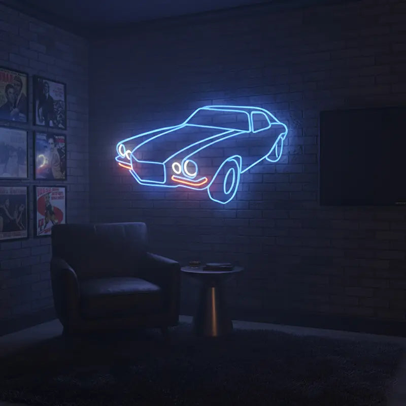 Grafische Darstellung eines Vintage-Autos als modernes Neonschild, das einen Retro-Vibe vermittelt