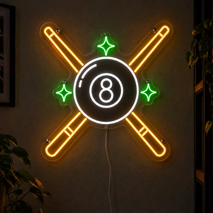 Billardkreuz Neon LED Schild leuchtend an einer dunklen Wand, Nahaufnahme mit Anschlusskabel