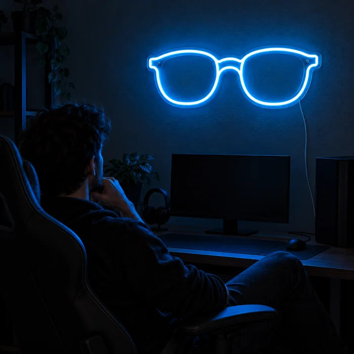 Blaue Brille Neon LED Schild über dem Gaming-Schreibtisch, davor ein Spieler im Gaming-Stuhl