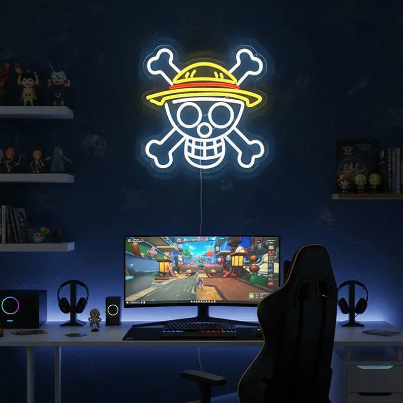Anime Piraten Neon LED Schild beleuchtet – Strohhut Totenkopf auf 6mm Acrylplatte