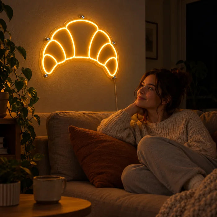 Buttercroissant Neon LED Schild an der Wohnzimmerwand, davor entspannt eine Person auf dem Sofa