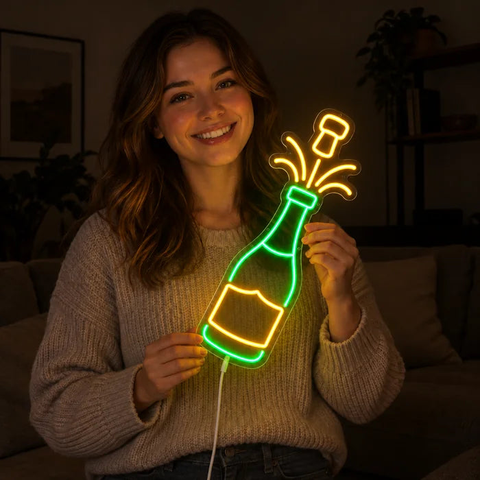 Champagner Neon LED Schild in den Händen einer lächelnden Frau vor dunklem Hintergrund