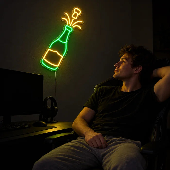 Champagner Neon LED Schild über dem Gaming-Schreibtisch, davor ein Spieler im Gaming-Stuhl
