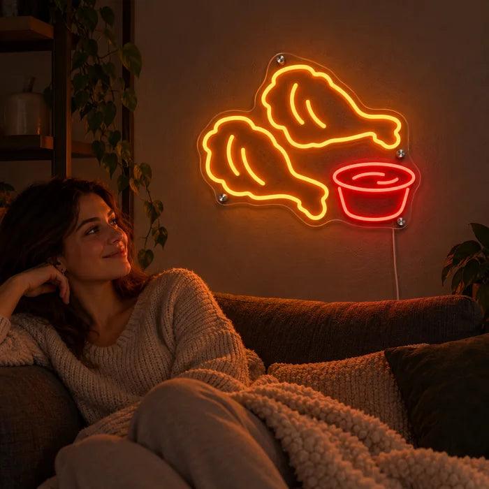 Chicken Nuggets Neon LED Schild an der Wohnzimmerwand, davor entspannt eine Person auf dem Sofa