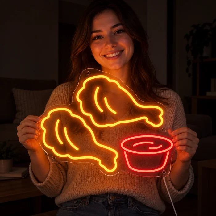 Chicken Nuggets Neon LED Schild in den Händen einer lächelnden Frau vor dunklem Hintergrund