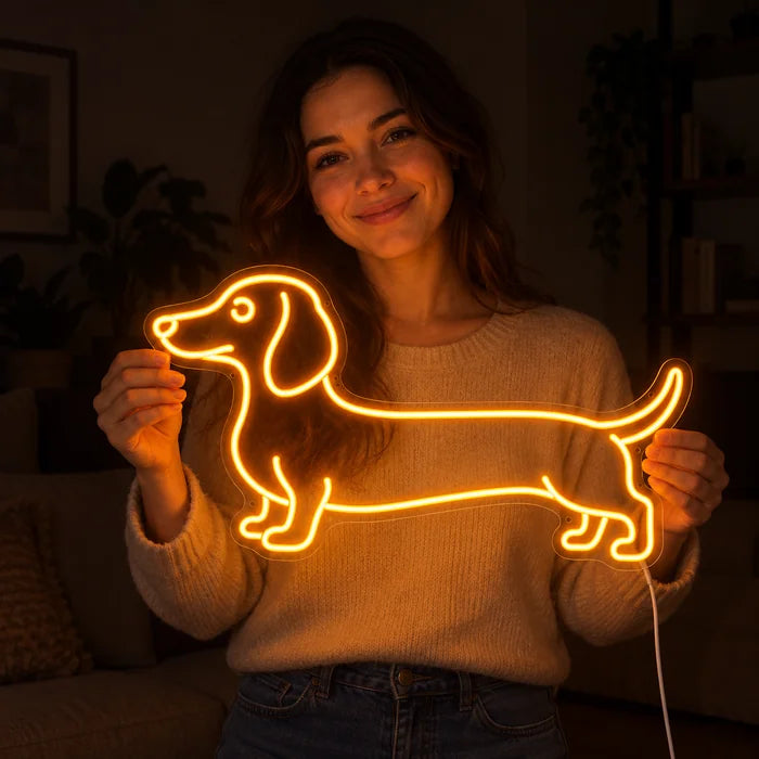 Dackel Neon LED Schild in den Händen einer lächelnden Frau vor dunklem Hintergrund