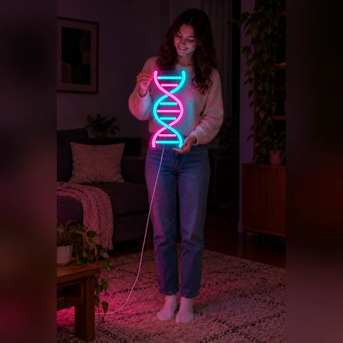 DNA-Spirale Neon LED Schild von einer Frau gehalten, zeigt die Größe im Vergleich zum Körper