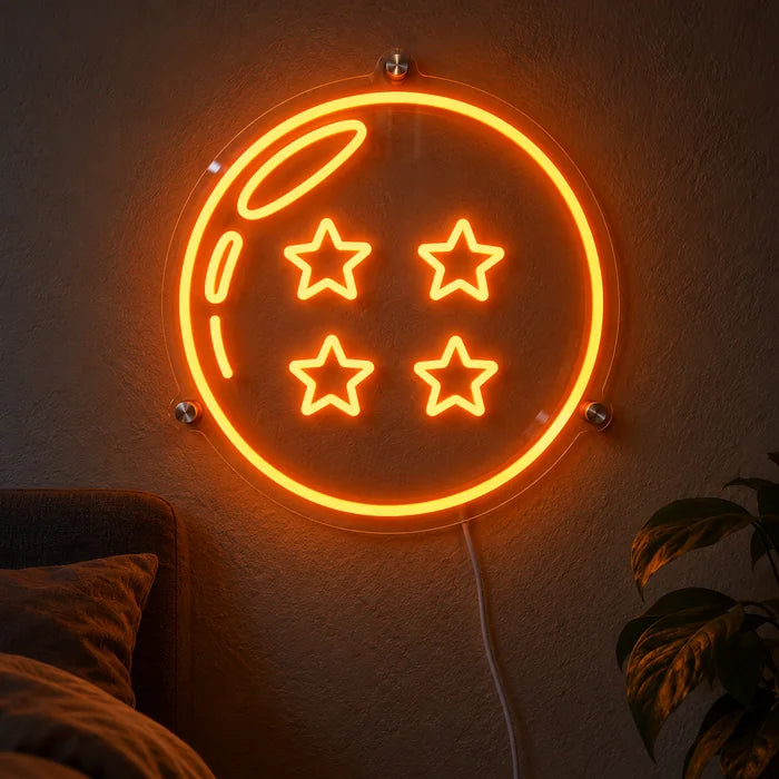 Dragon Ball Vier-Sterne-Kugel Neon LED Schild leuchtend an einer dunklen Wand, Nahaufnahme mit Anschlusskabel