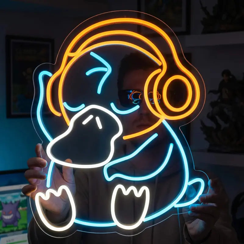 Enton Psyduck Pokémon Neon LED Schild 12V – Wasser-Pokémon mit Kopfhörern fürs Gaming-Zimmer