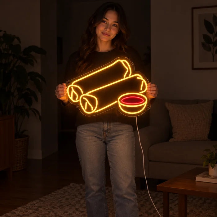 Frühlingsrollen Neon LED Schild von einer Frau gehalten, zeigt die Größe im Vergleich zum Körper
