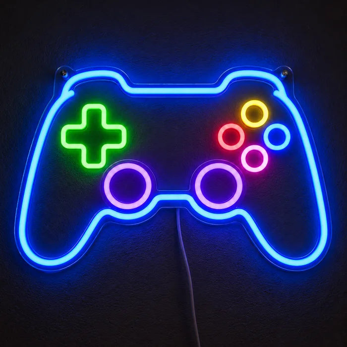 Gamecontroller Neon LED Schild leuchtend an einer dunklen Wand, Nahaufnahme mit Anschlusskabel