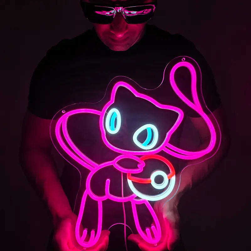 Mew Neon Schriftzug Stil – Geschenkidee für Pokémon-Gamer