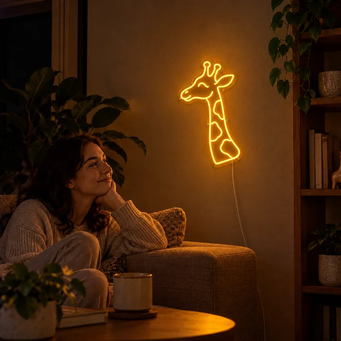 Giraffenkopf Neon LED Schild an der Wohnzimmerwand, davor entspannt eine Person auf dem Sofa