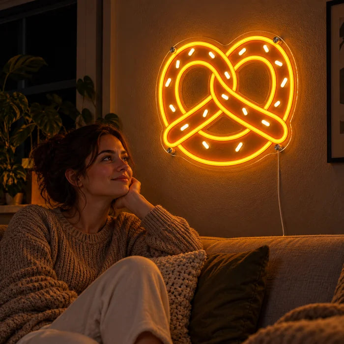 Goldene Brezel Neon LED Schild an der Wohnzimmerwand, davor entspannt eine Person auf dem Sofa