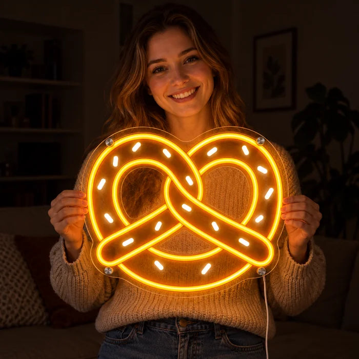 Goldene Brezel Neon LED Schild in den Händen einer lächelnden Frau vor dunklem Hintergrund