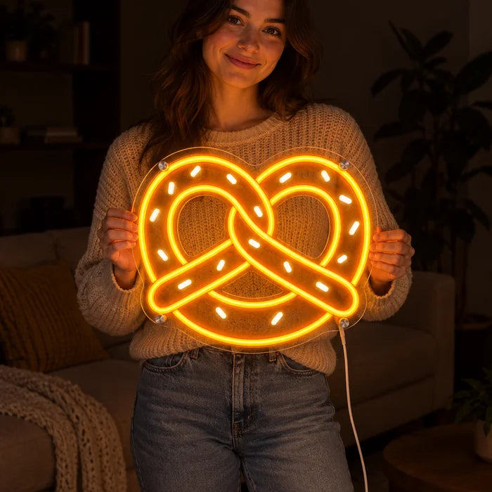 Goldene Brezel Neon LED Schild von einer Frau gehalten, zeigt die Größe im Vergleich zum Körper