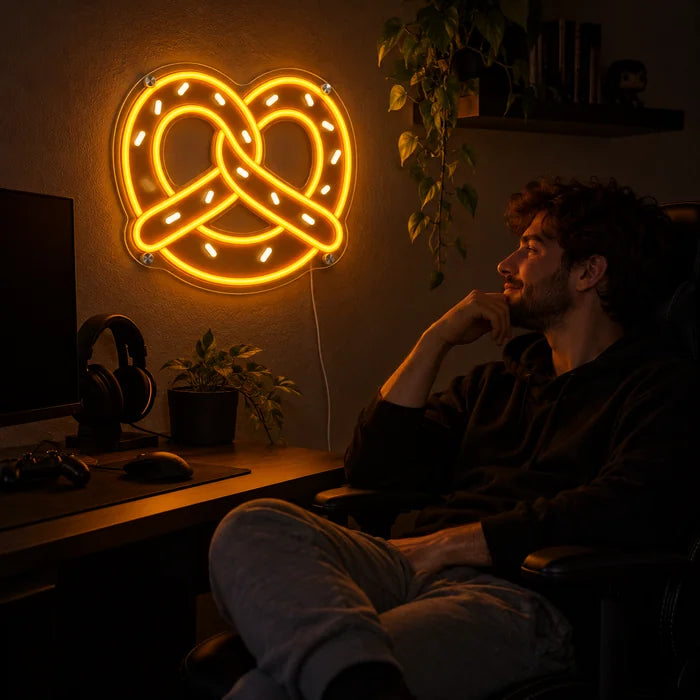 Goldene Brezel Neon LED Schild über dem Gaming-Schreibtisch, davor ein Spieler im Gaming-Stuhl