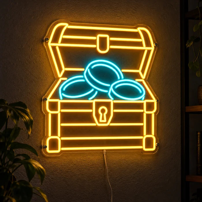 Goldschatz Neon LED Schild leuchtend an einer dunklen Wand, Nahaufnahme mit Anschlusskabel
