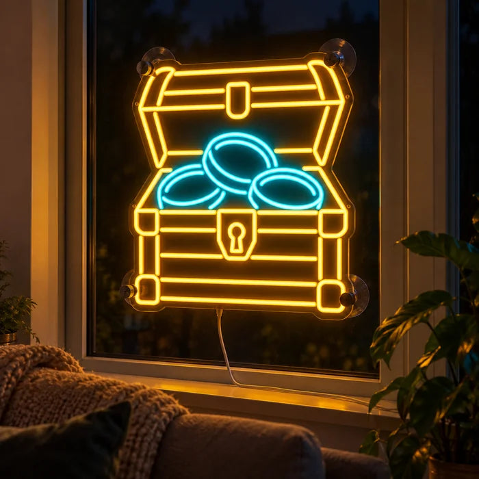 Goldschatz Neon LED Schild abends im Fenster eines gemütlichen Wohnzimmers
