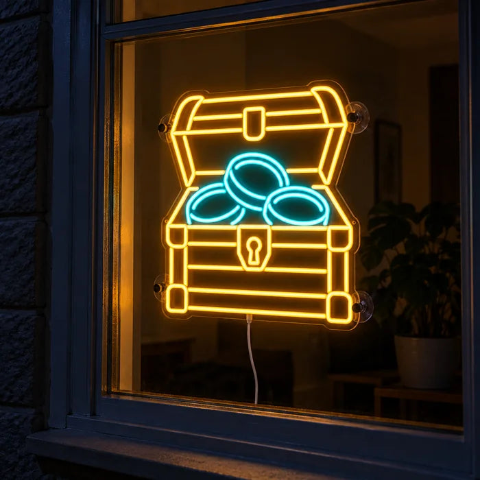Goldschatz Neon LED Schild im Fenster, von der nächtlichen Straße aus gesehen