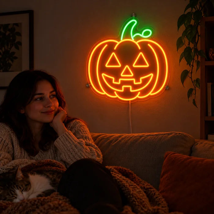 Halloween-Kürbis Neon LED Schild an der Wohnzimmerwand, davor entspannt eine Person auf dem Sofa