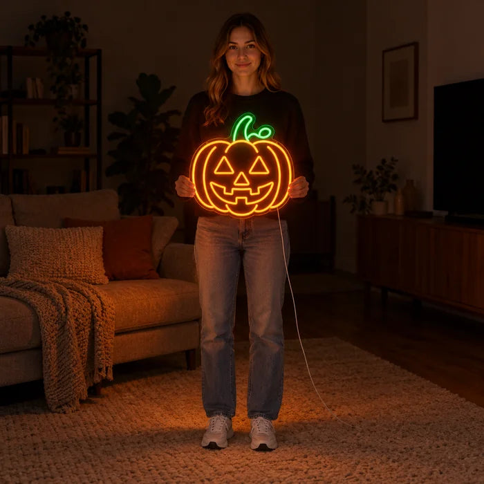 Halloween-Kürbis Neon LED Schild von einer Frau gehalten, zeigt die Größe im Vergleich zum Körper