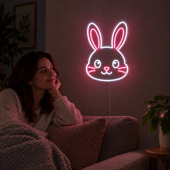 Hasengesicht Neon LED Schild an der Wohnzimmerwand, davor entspannt eine Person auf dem Sofa