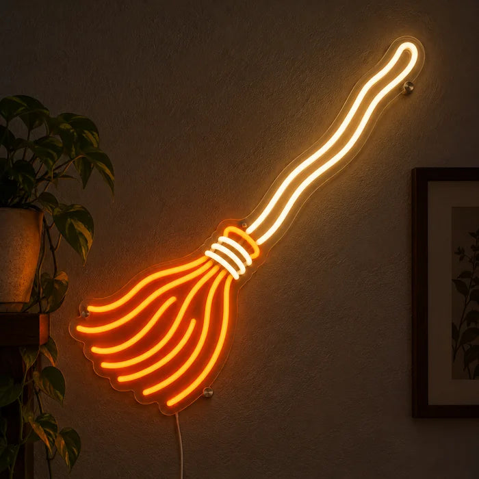 Hexenbesen Neon LED Schild leuchtend an einer dunklen Wand, Nahaufnahme mit Anschlusskabel