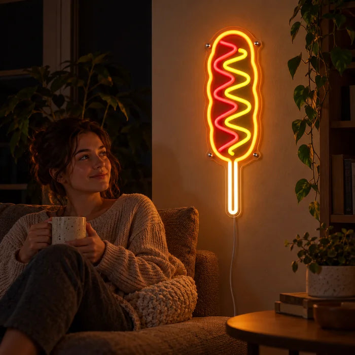 Hotdog am Stiel Neon LED Schild an der Wohnzimmerwand, davor entspannt eine Person auf dem Sofa