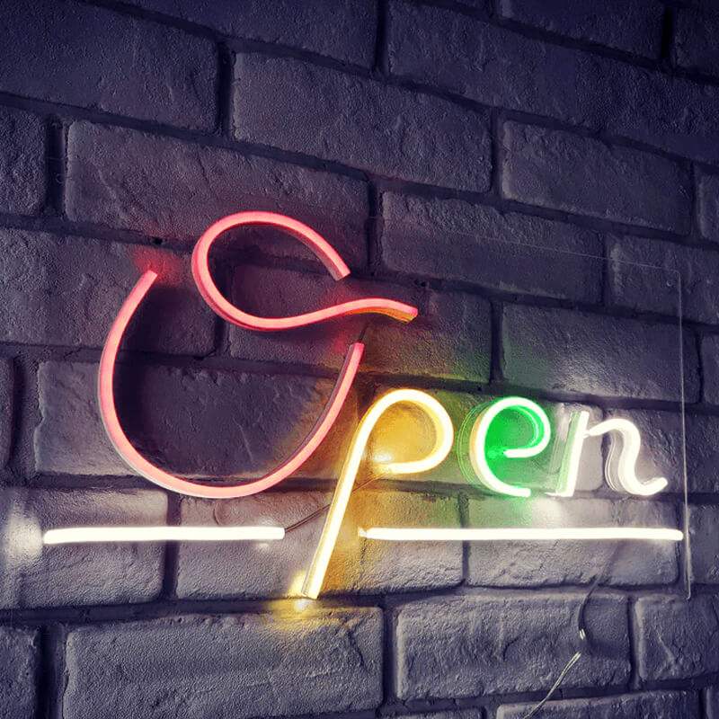 Open Infotafel Neon LED Schild USB – Business Deko für Friseur Salon
